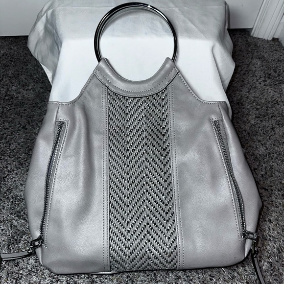 INC International Concepts Handbags - Gray Ring Handle Woven Panel Tote Handbag Faux Leather Modern Minimalist